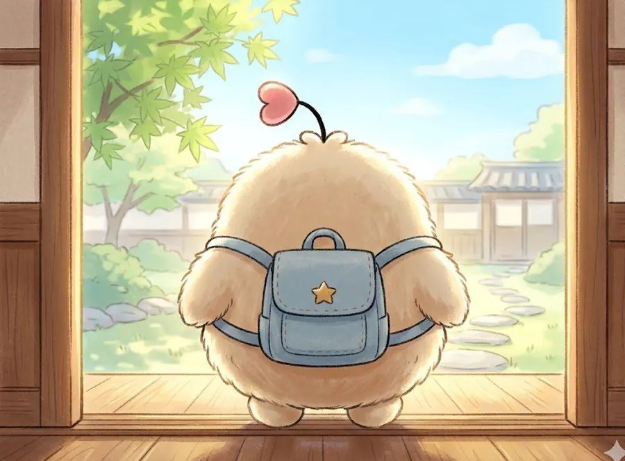 The baby with a backpack, heading out the door