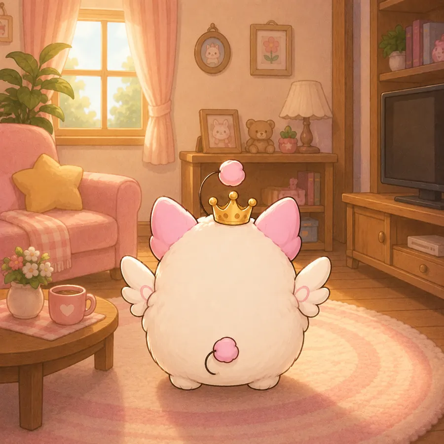 The grown-up baby at home in a warm living room