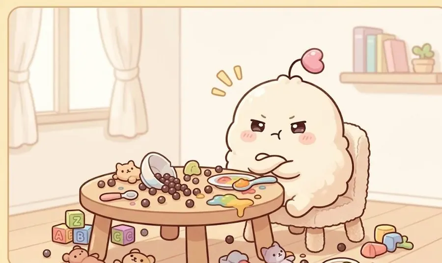 The baby sulking at a messy table
