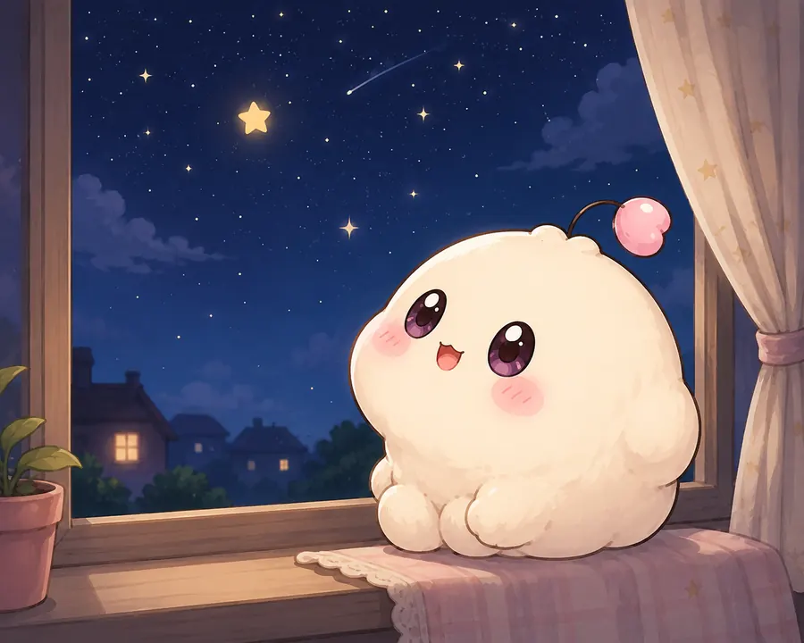 The baby watching the night sky from a window