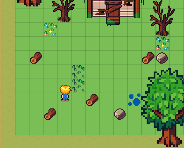 Gameplay screenshot: Alex standing in a small grassy clearing with logs, rocks, bare trees and a broken-down hut
